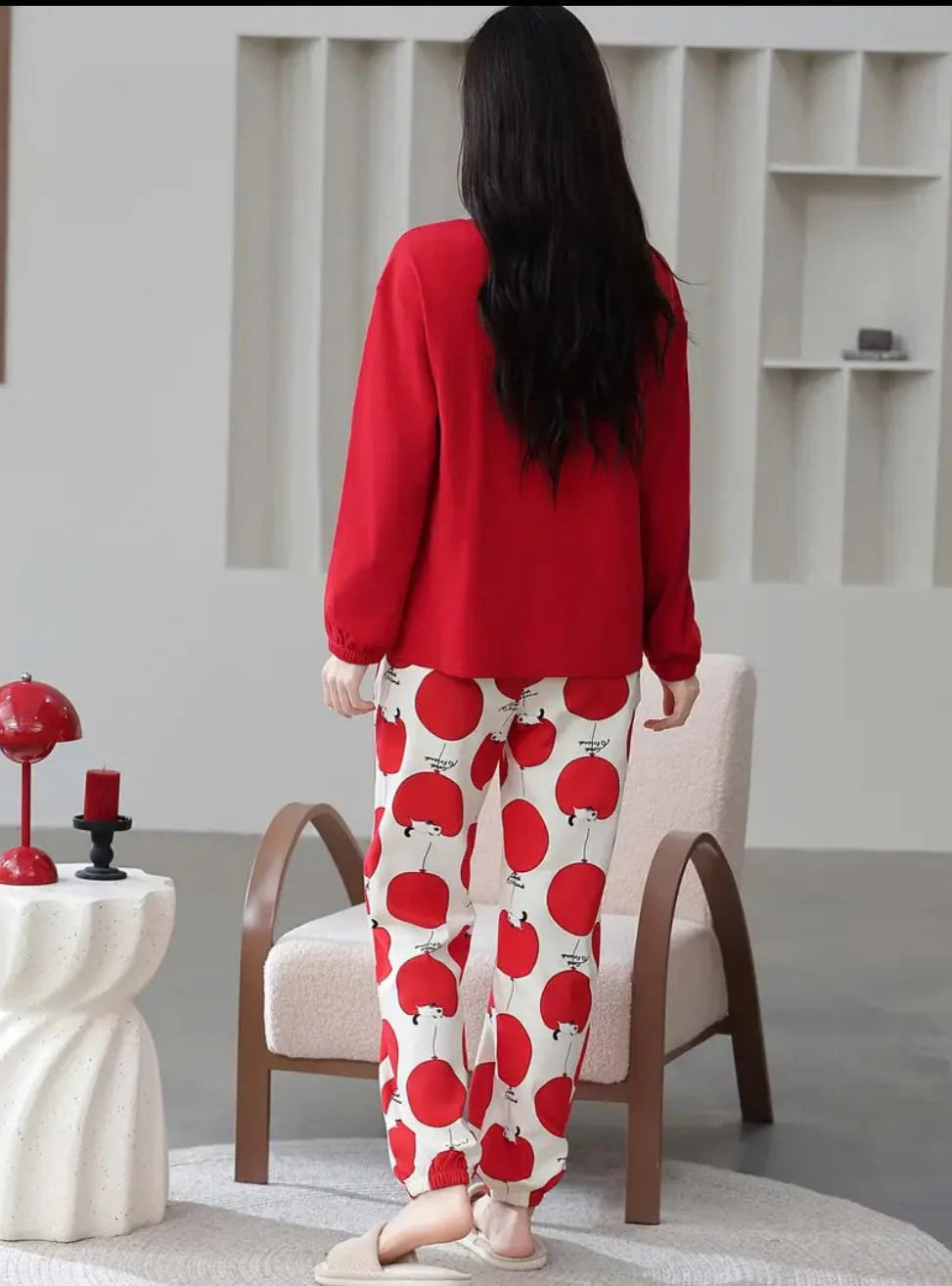 Red Hello Tuesday Printed Full Sleeves Pj The Ultimate Dream Wear Sleep Suit