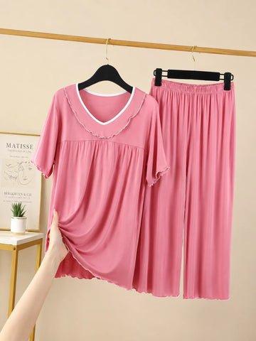 Plain Pink Frill Neck Half Sleeves The Ultimate Dream Wear Sleep Suit