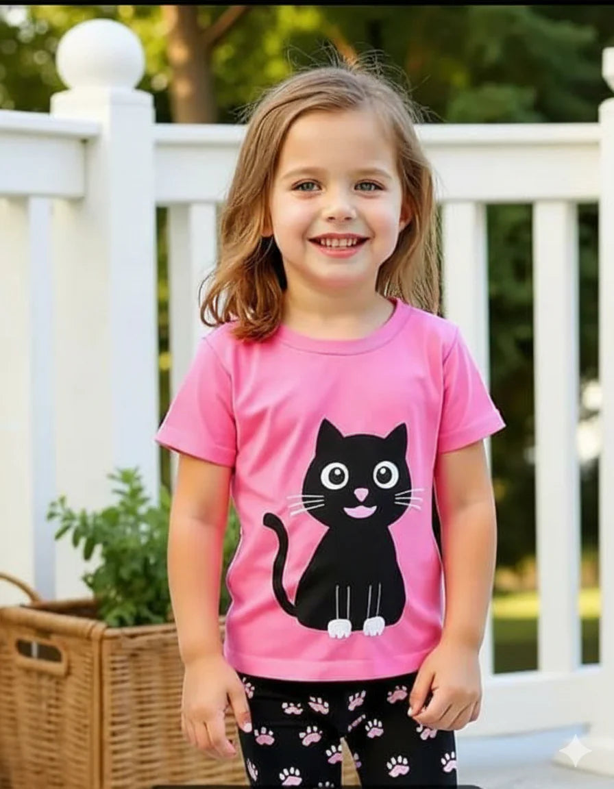 Pink With Black Cat Printed Half Sleeves T-shirt With Black and White Dotted Pajama Kids Night Suit