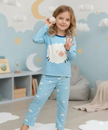 Light Blue With White Sheep Printed Kids Night Suit