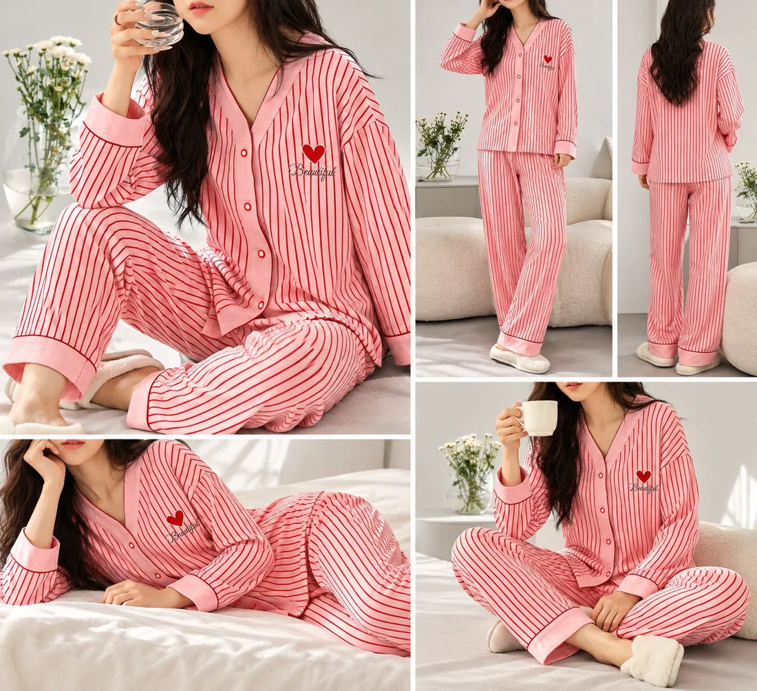 Pink And Red Lining Heart Button Style Pj Set For Her