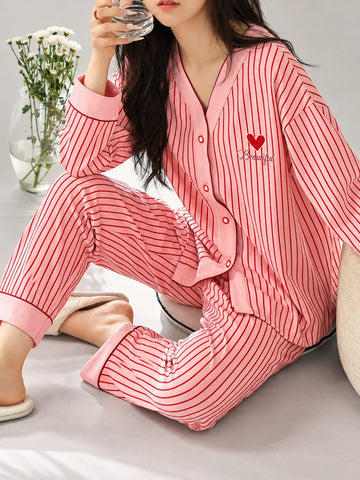 Pink And Red Lining Heart Button Style Pj Set For Her