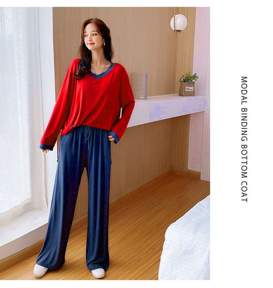 Red V-Neck With Blue Plazo Night Suit For Women ( RX-81)