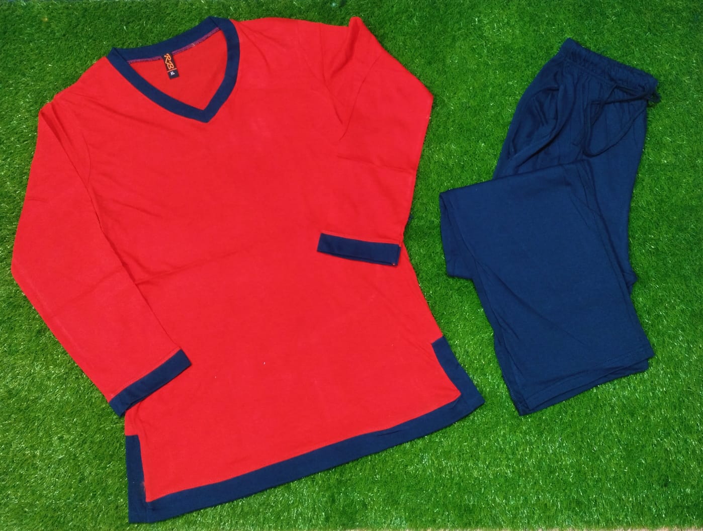 Red V-Neck With Blue Plazo Night Suit For Women ( RX-81)