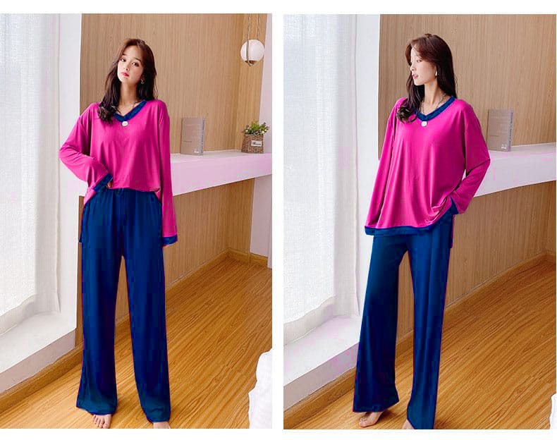 Shocking Pink V-Neck With Blue Plazo Night Suit For Women (RX-82)