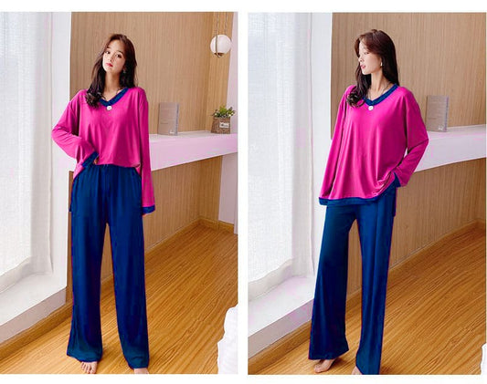 Shocking Pink V-Neck With Blue Plazo Night Suit For Women (RX-82)