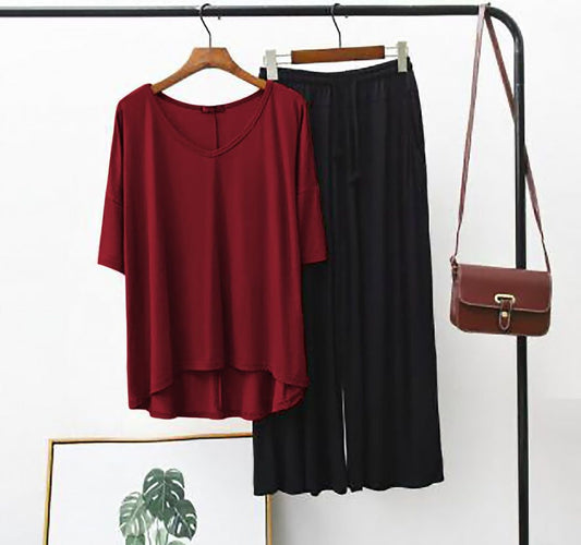 Maroon V-Neck With Black Plazo Night Suit For Her ( RX-92)