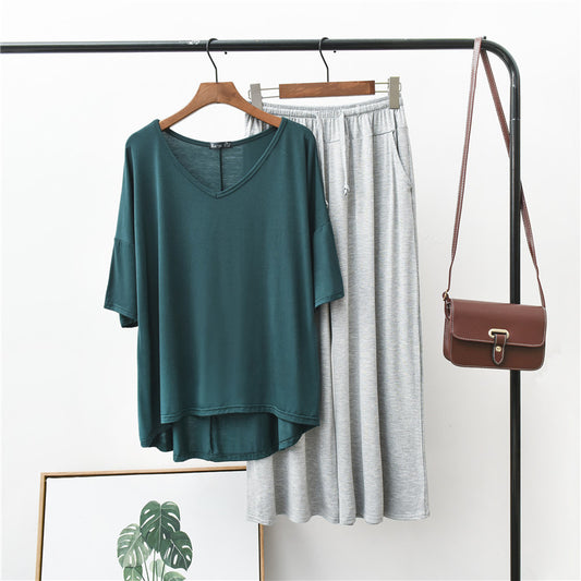 Green V-Neck With Grey Plazo Night Suit For Her ( RX-93)