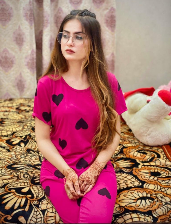 Shocking Pink With Hearts Half Sleeves Printed Night Suit For Her ( RX-103)
