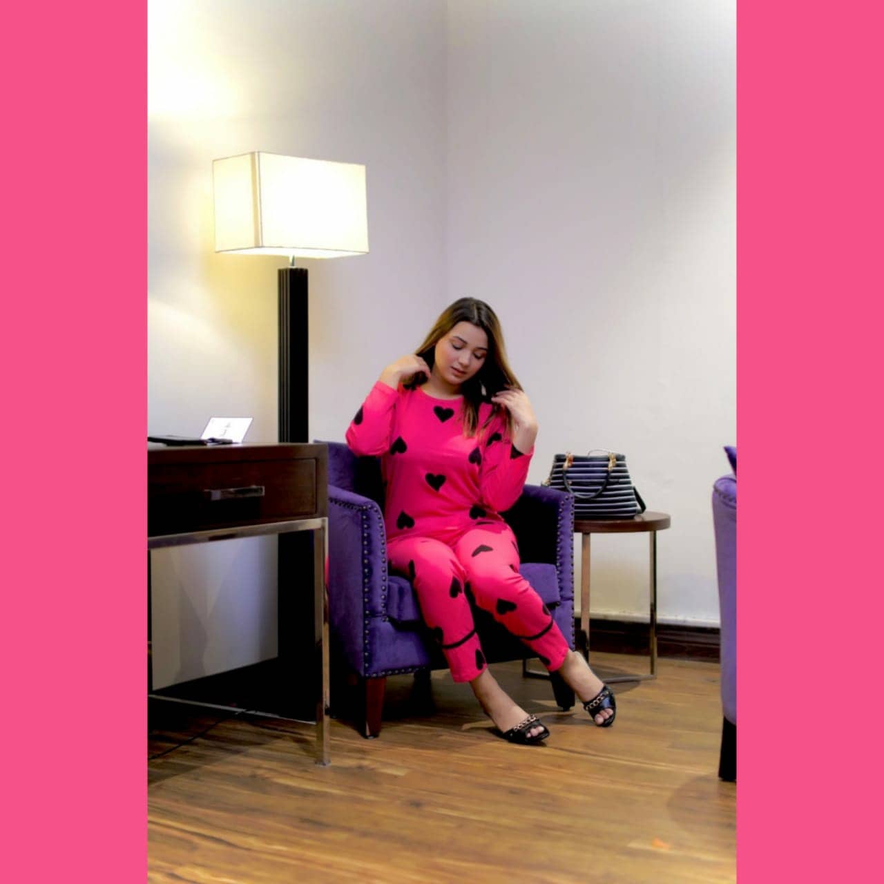 Shocking Pink With Hearts Full Sleeves Printed Night Suit For Her ( RX-102)