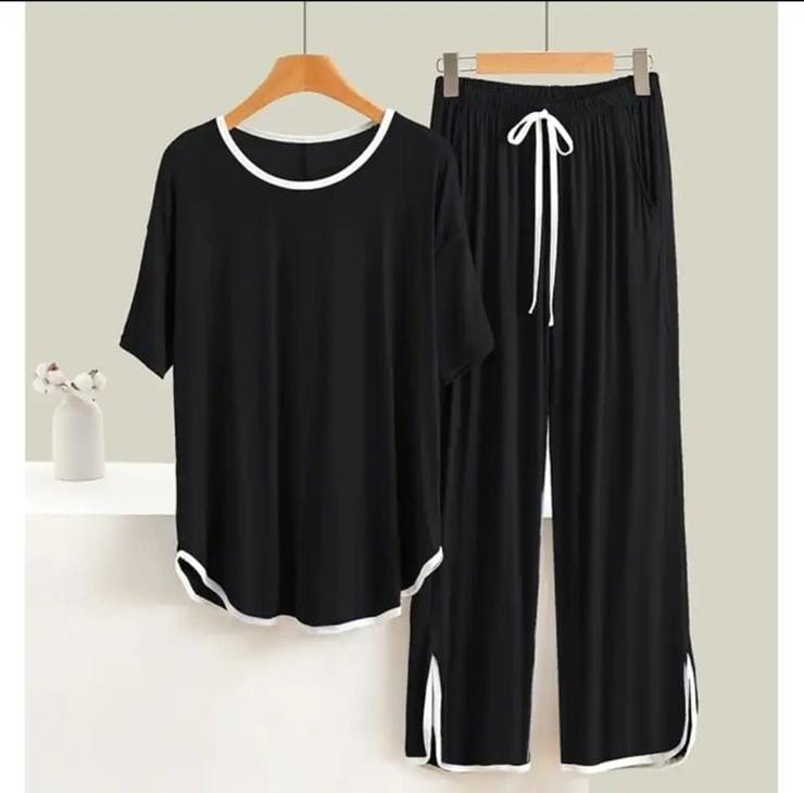 Black Round Neck With White Pipen PLazo Pajama Night Suit For Her (RX-120)
