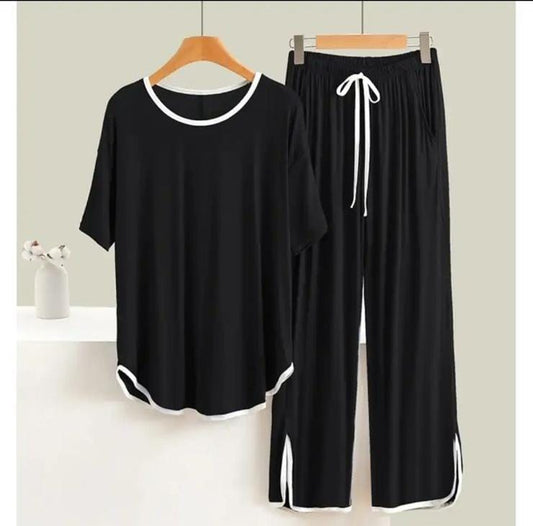 Black Round Neck With White Pipen PLazo Pajama Night Suit For Her (RX-120)
