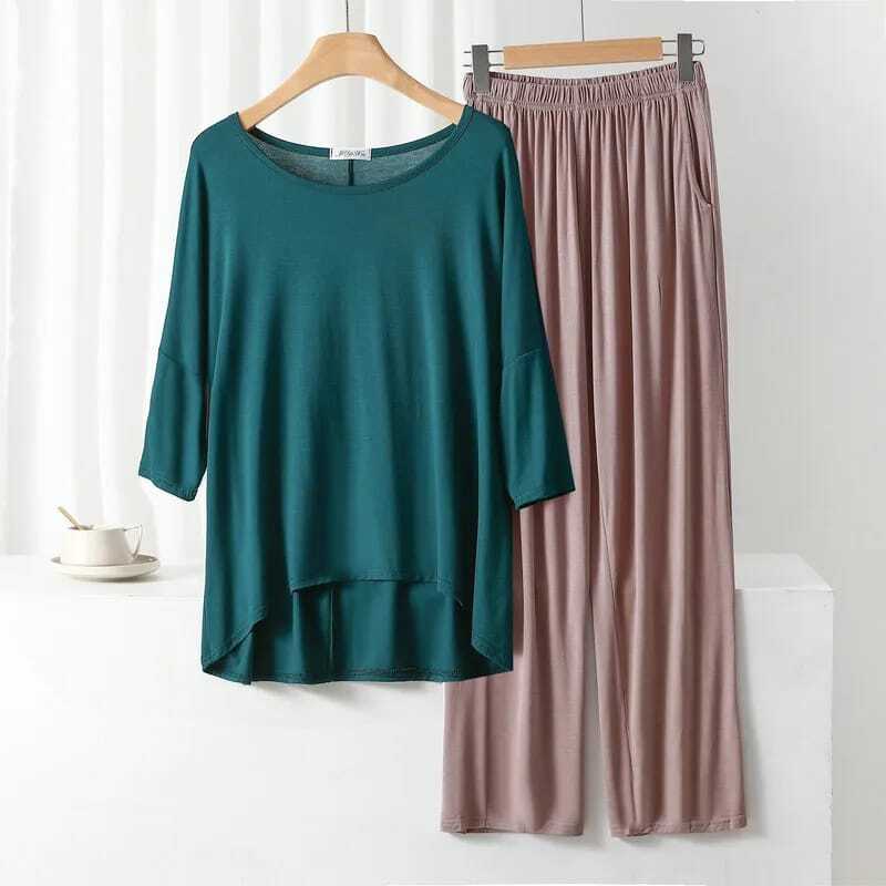 Green Round Neck Loose Sleeves With Skin Color plazo night suit For Her (RX-151)