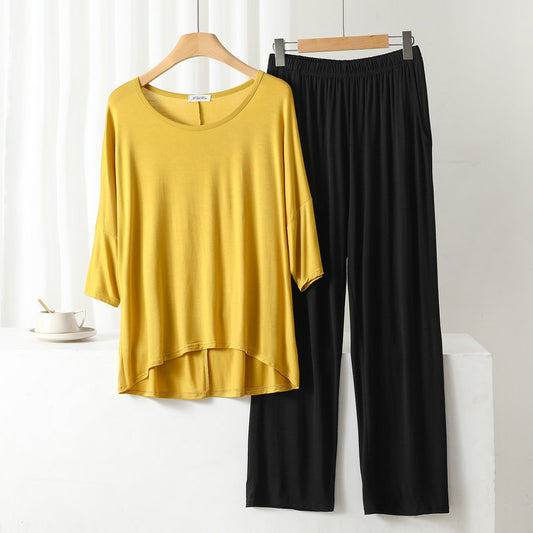 Yellow Round Neck Loose Sleeves With black plazo night suit For Her (RX-150)