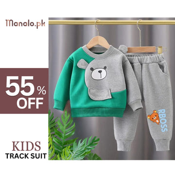 Green With Grey Bear Print Sweatshirt With Trouser For Kids (RX-344)