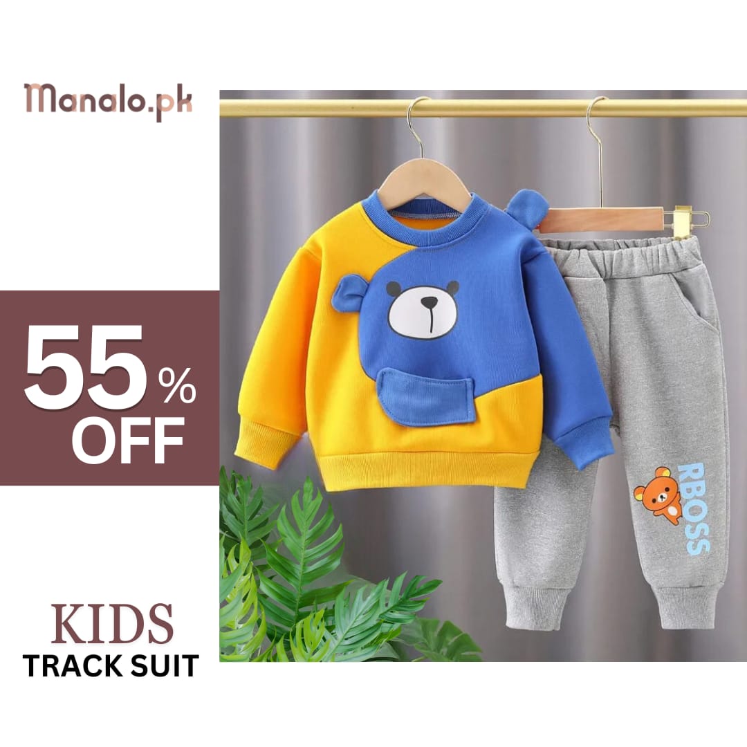 Yellow With Blue Bear Print Sweatshirt With Trouser For Kids (RX-343)