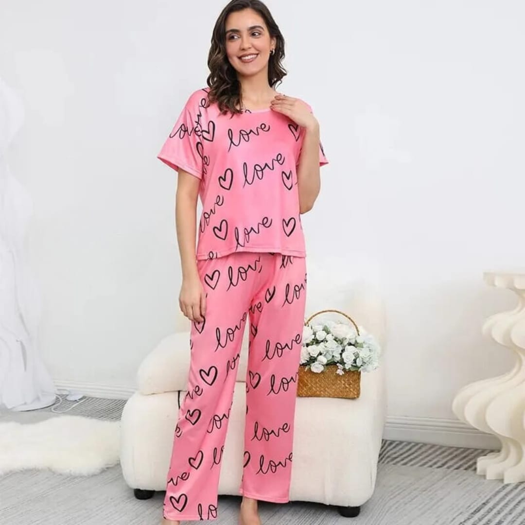 Pink Love Printed half  T-shirt with Trouser Suit (RX-367)