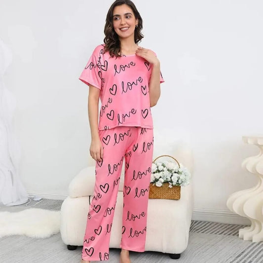 Pink Love Printed half  T-shirt with Trouser Suit (RX-367)