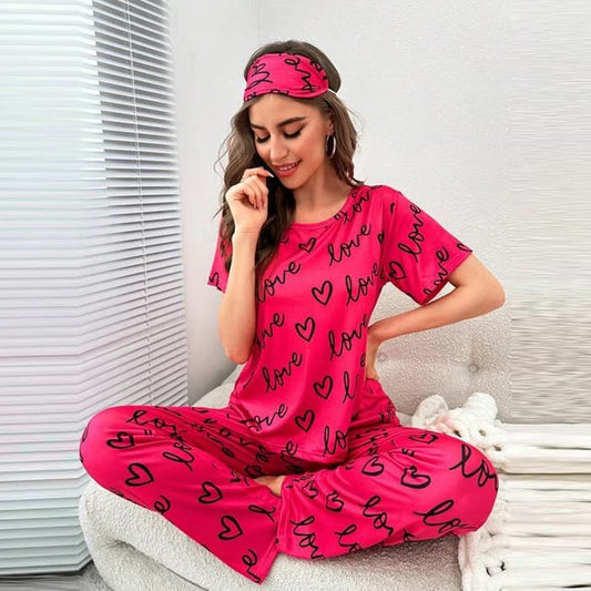 Shocking Pink love Printed Half sleeves Night Suit (RX-380)