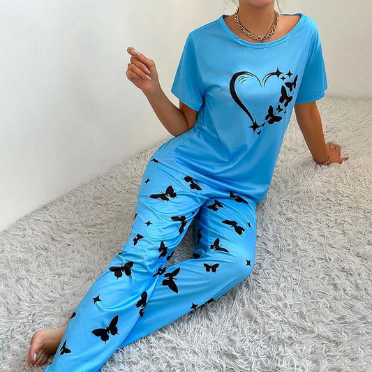Sky blue Heart Printed T-shirt Half sleeves with butterfly printed Night Suit (RX-381)