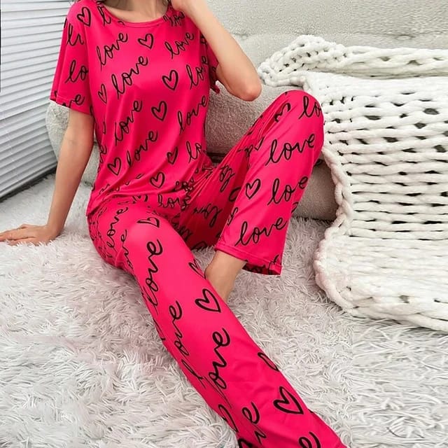 Shocking Pink love Printed Half sleeves Night Suit (RX-380)