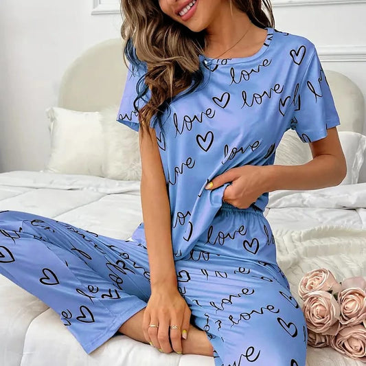 Sky blue Love Printed half  T-shirt with Trouser Suit (RX-390)