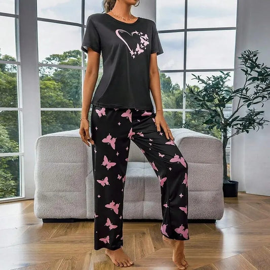 Black with pink Heart Printed T-shirt Half sleeves with butterfly printed Night Suit (RX-382)
