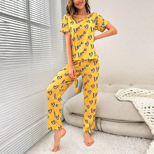 Yellow Love Printed half  T-shirt with Trouser Suit (RX-391)