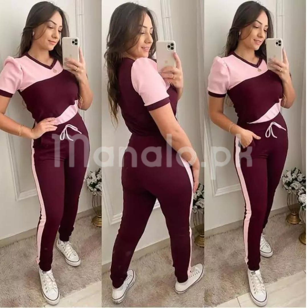 Pink With Maroon Panel Half Sleeves T Shirt with Panel Pajama Suit for her (RX-163)