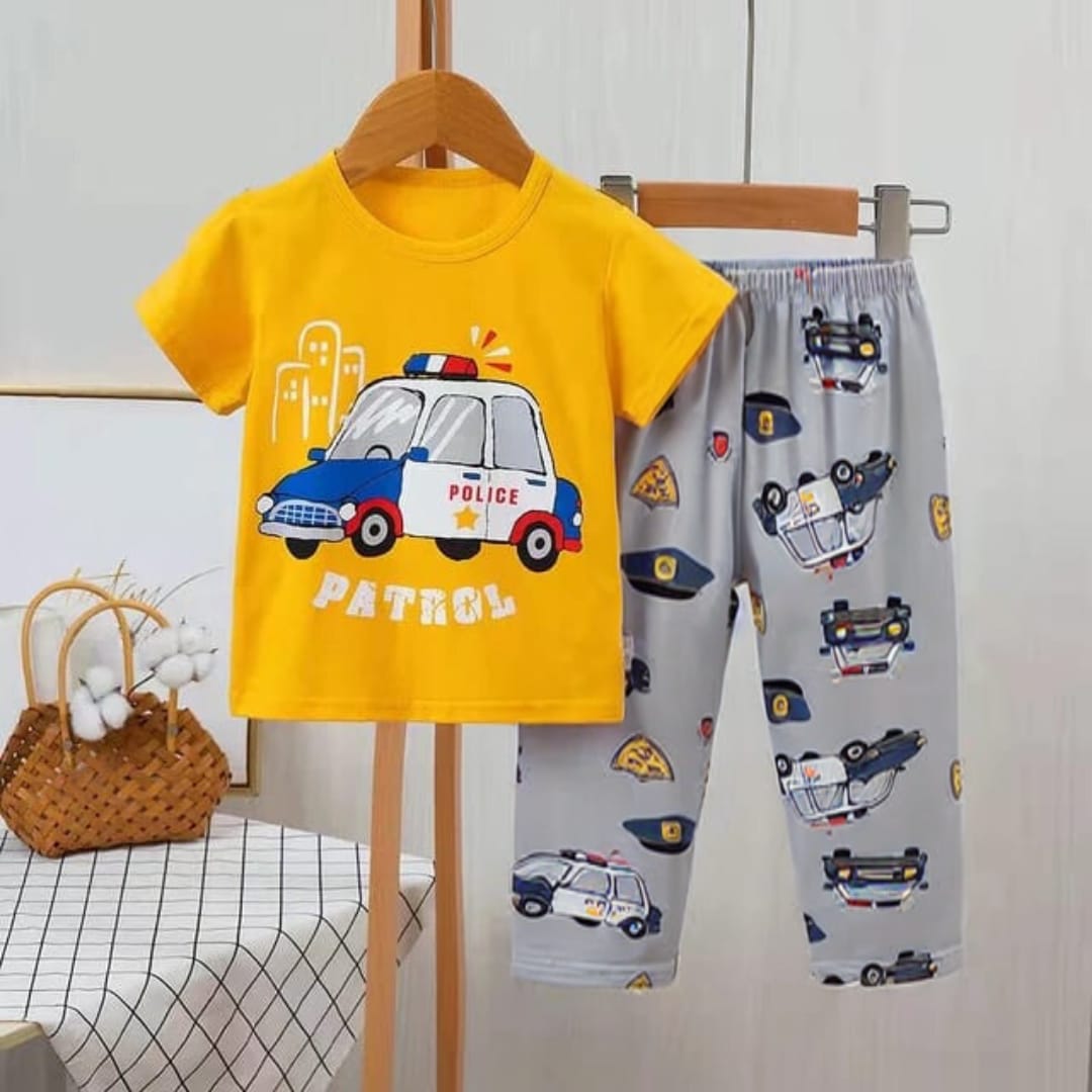 Printed Kids Night Suit Yellow Card Print