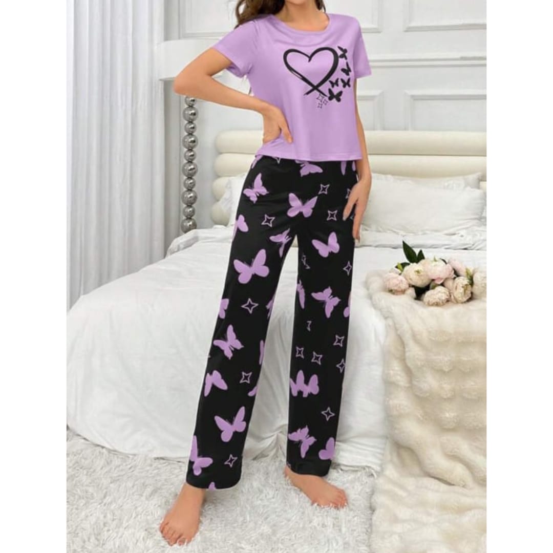 Purple with Black Hearts butterfly pajama Printed Night wear ( RX-11002)