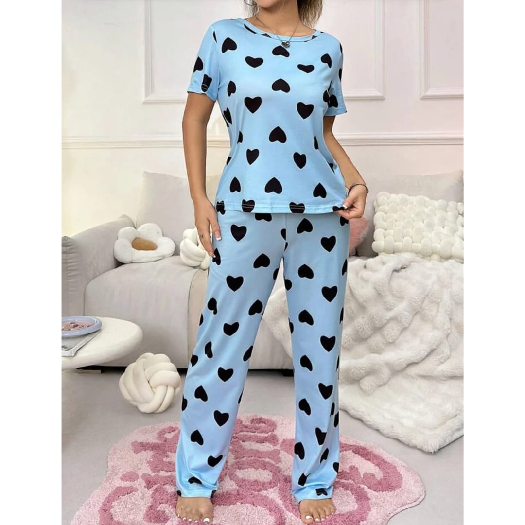 Sky blue with black hearts Printed Night wear ( RX-10989)