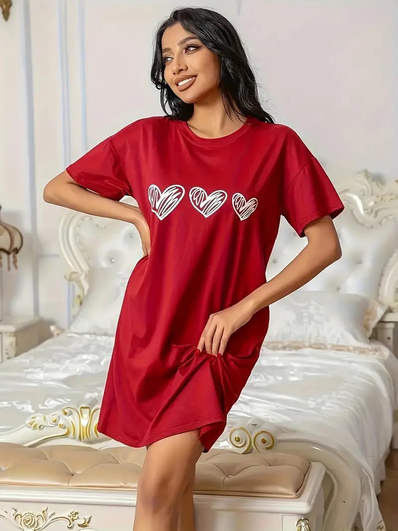 Red With White Heart Long Shirt For Women (MN-199)