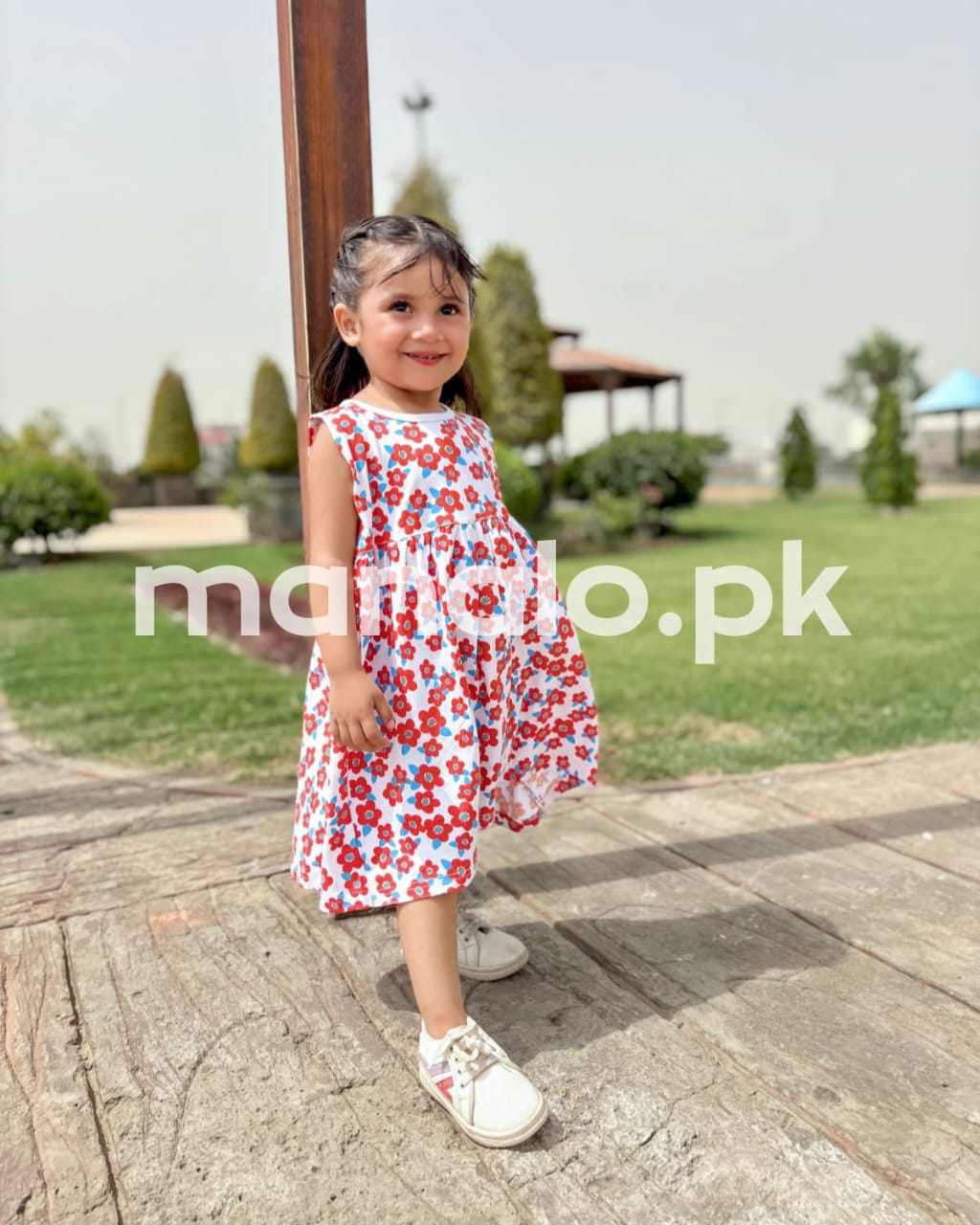 White With Red Flowers Print Sleeveless Frock For Baby Girl