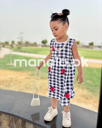 Black And White Check With Strawberry Print Sleeveless Frock For Baby Girl