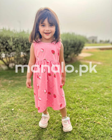 Pink Strawberry Print Sleeveless Frock For Baby Girl