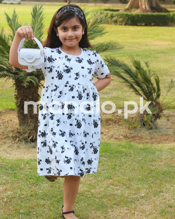 White With Black Flowers Print Half Sleeves Frock For Baby Girl
