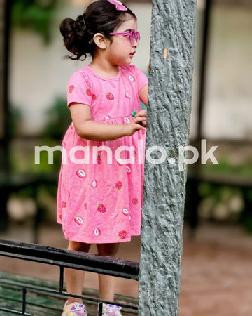 Pink Strawberry Printed Half Sleeves Frock For Baby Girl