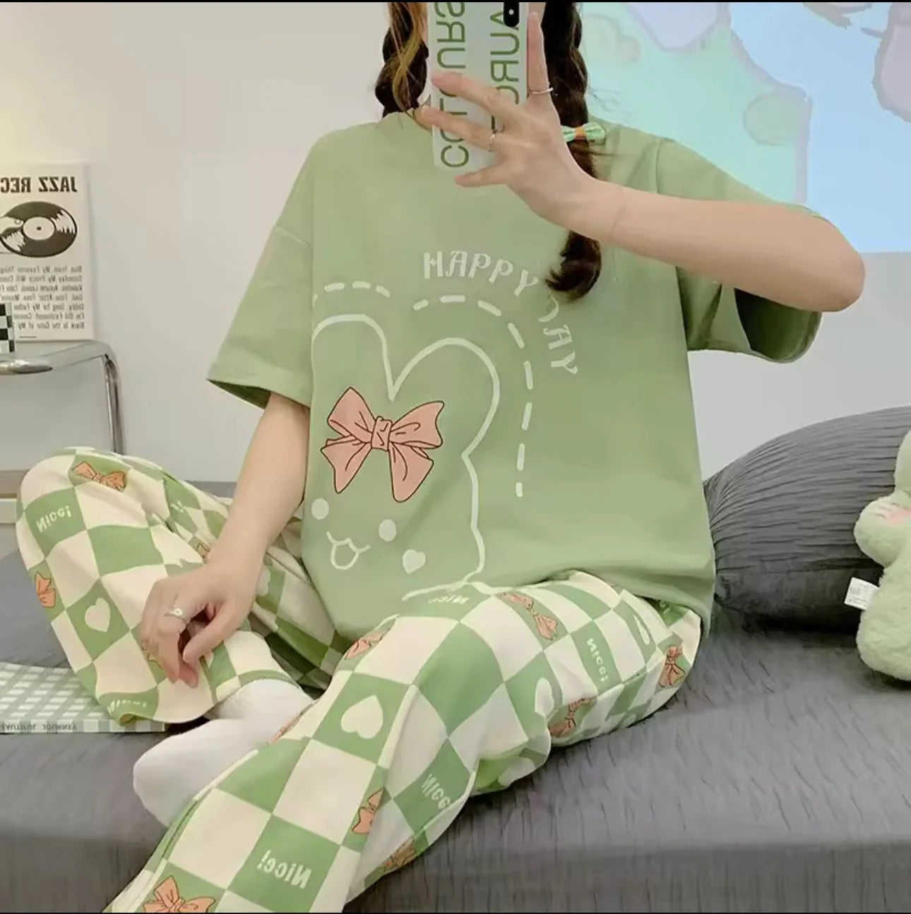 Olive Green Happy Day Printed Half Sleeves Night Suit