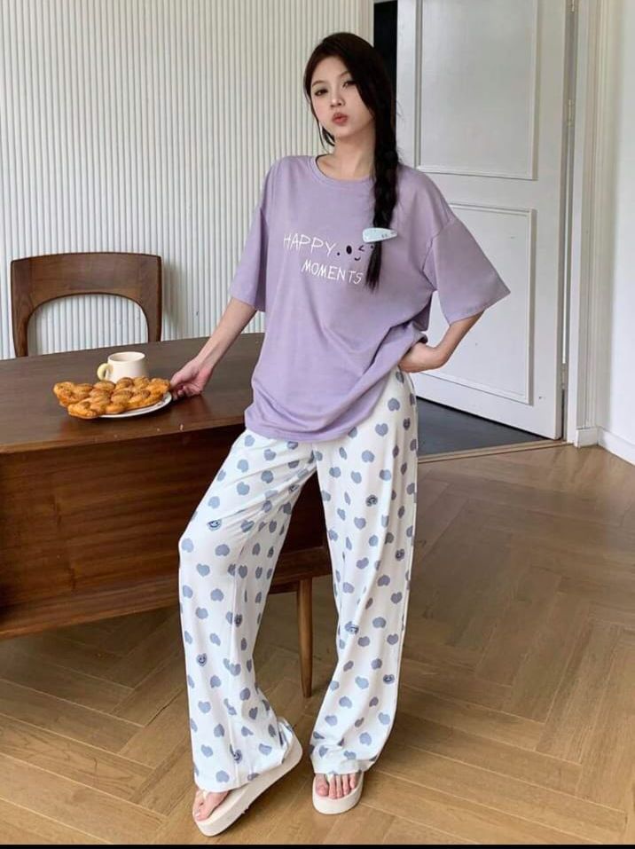 Lilac Happy Moments Printed T.shirt with Hearts printed trouser Night wear