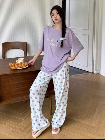 Lilac Happy Moments Printed T.shirt with Hearts printed trouser Night wear
