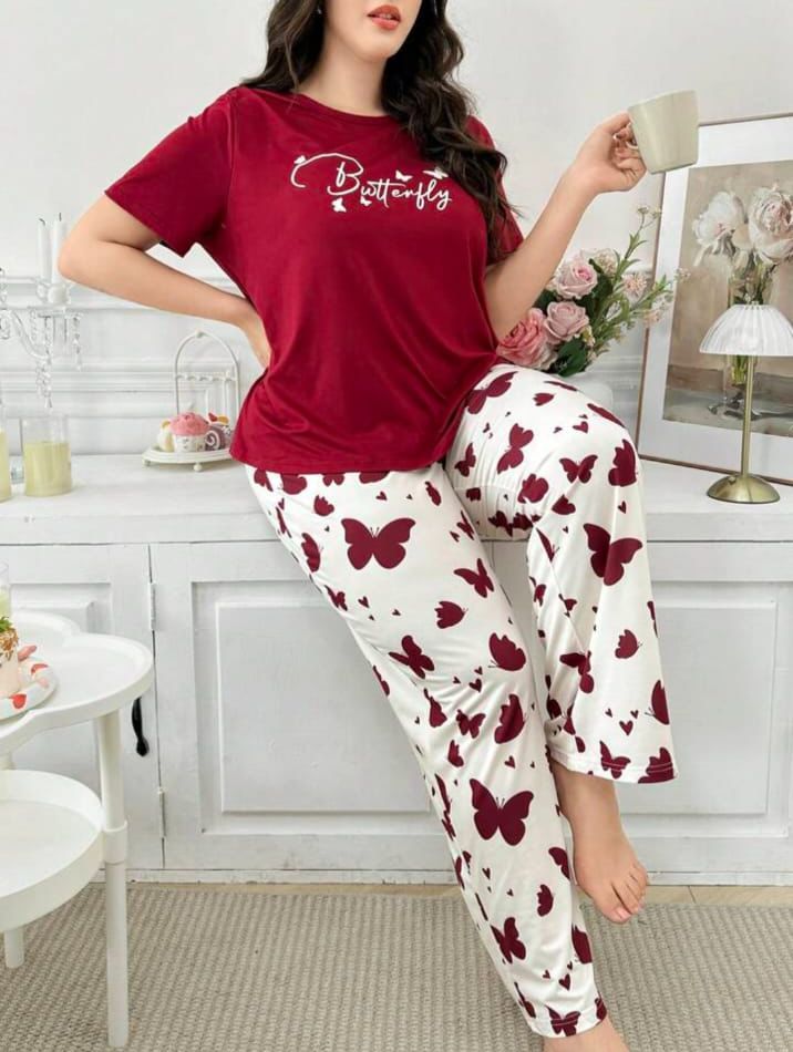 Maroon Butterfly Printed T-Shirt with Butterfly printed trouser Night wear