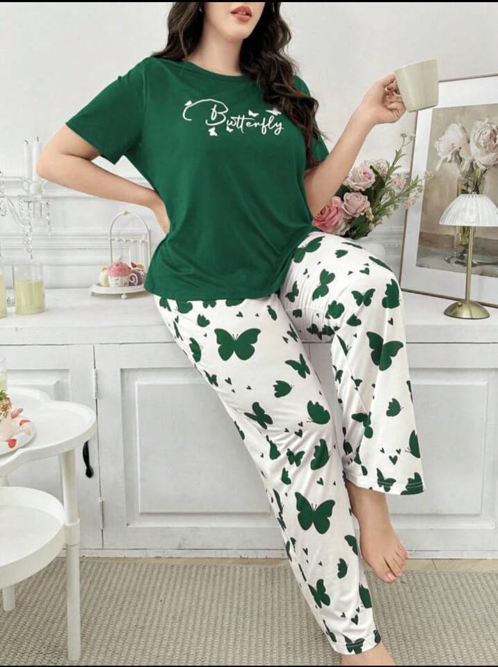 Dark Green Butterfly Printed T-Shirt with Butterfly printed trouser Night wear