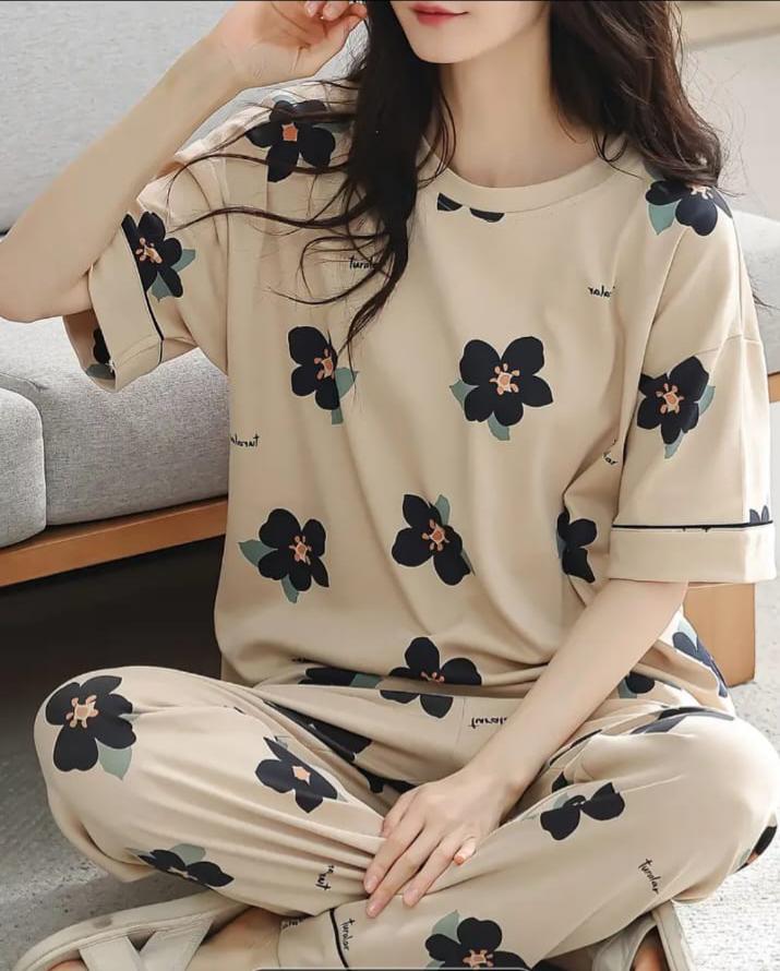 Brown BIG Black all over flowers Print Half Sleeves Printed Night Suit