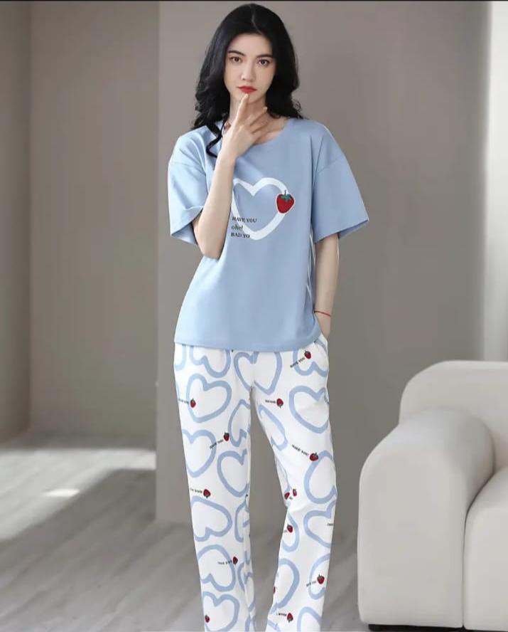 Sky blue Strawberry heart Print Half Sleeves Printed Night Suit