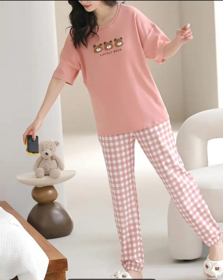Pink lovely 3 bears Print Half Sleeves Printed Night Suit