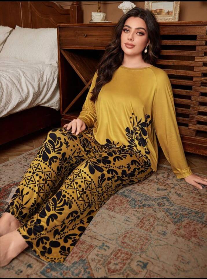 Brown Floral Print Half Sleeves with floral Printed pajama Night Suit
