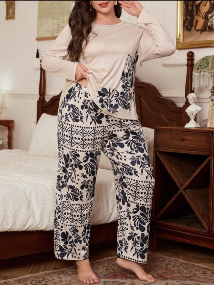Off white Floral Print Half Sleeves with floral Printed pajama Night Suit