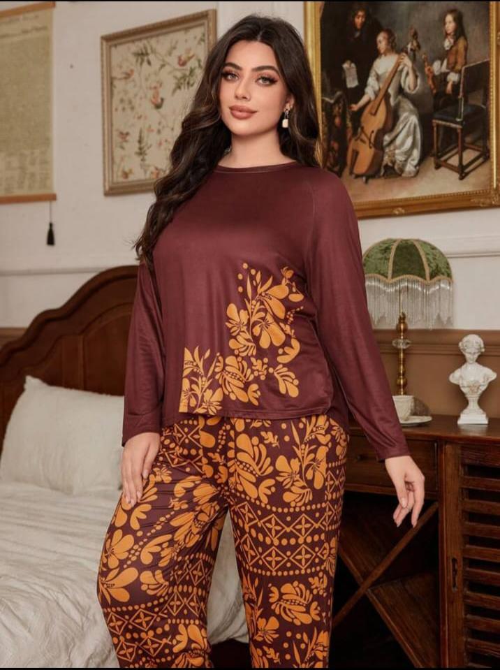 Maroon Floral Print Half Sleeves with floral Printed pajama Night Suit