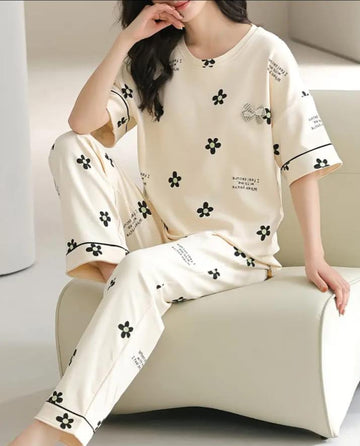 Off white Black all over flowers Print Half Sleeves Printed Night Suit